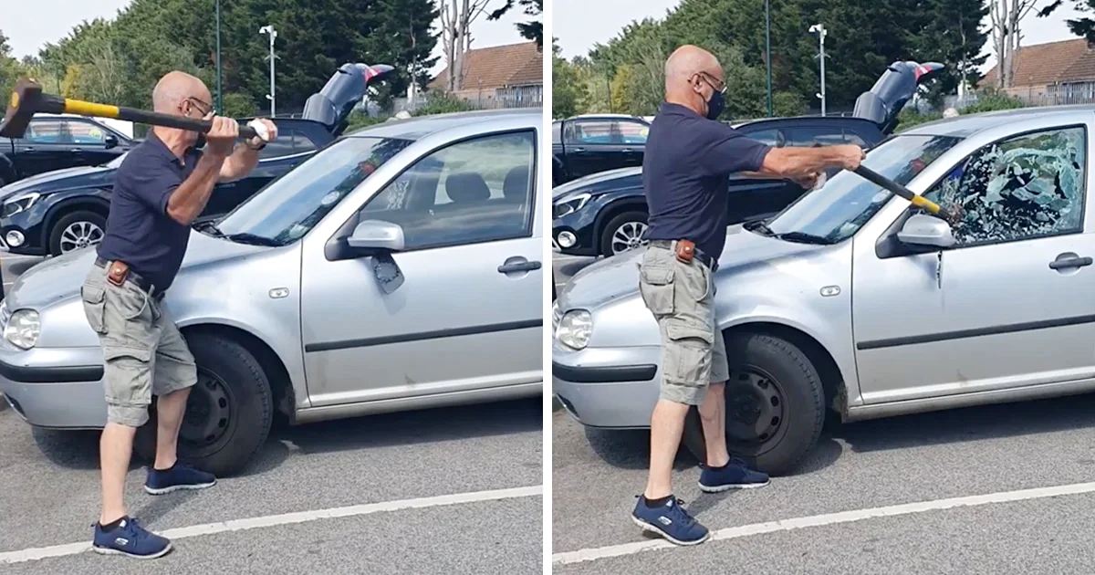 Un homme voit un petit chien enferme dans sa voiture sous le soleil il brise la vitre avec une hache et le sauve VIDEO