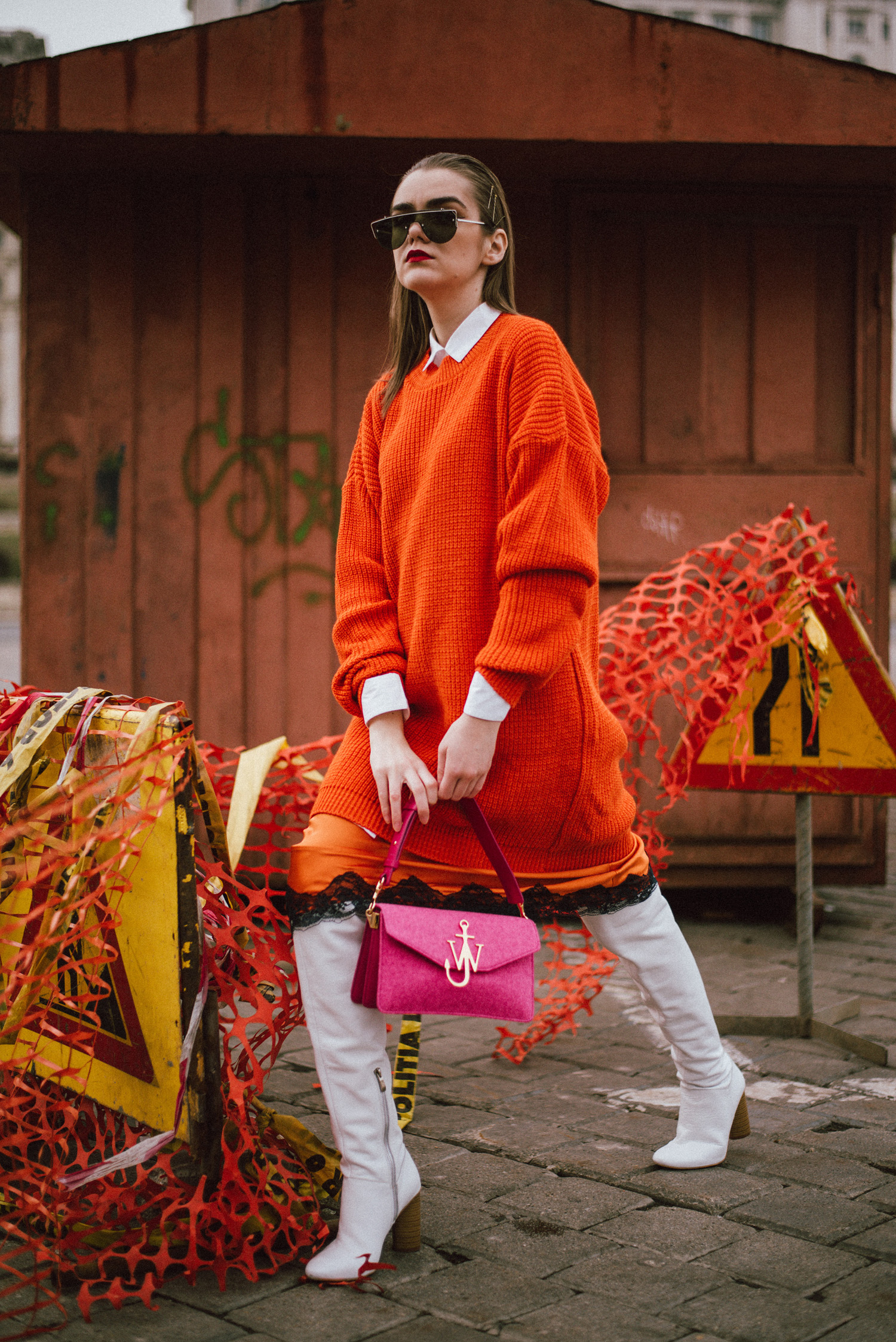Pinko orange midi skirt orange sweater dress pink jw anderson bag white over the knee boots andreea birsan street style couturezilla cute winter outfit ideas 2019 11