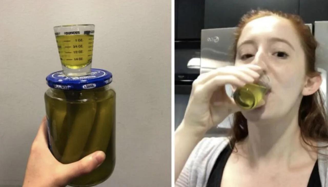 femme boit du jus de cornichon chaque