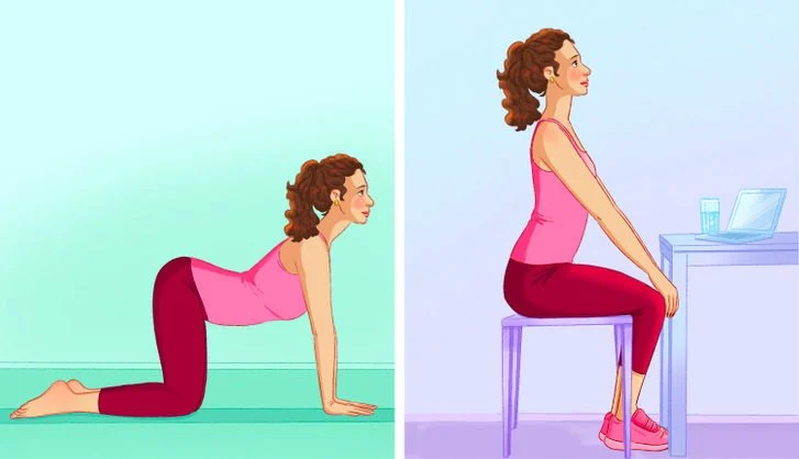 6 exercices à faire après une longue journée passée assis à votre bureau Étirez votre dos avec la pose du chat et de la vache.