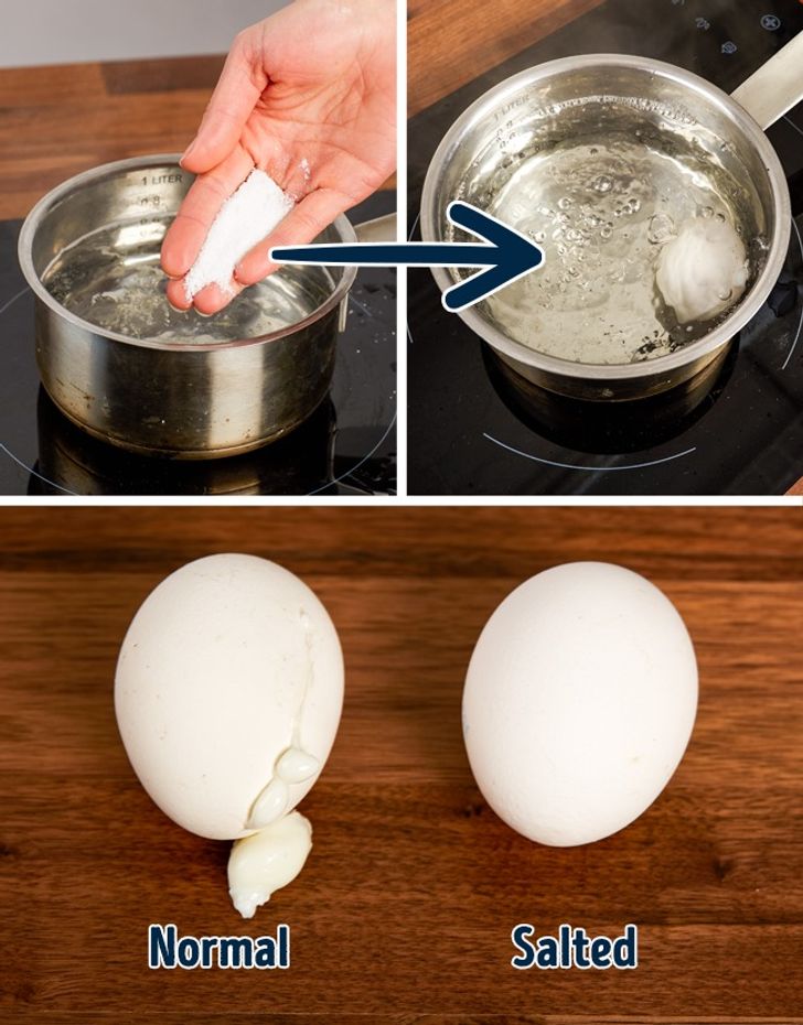 Les œufs ne se fendront pas et le blanc ne coulera pas pendant l'ébullition si vous les mettez dans de l'eau salée