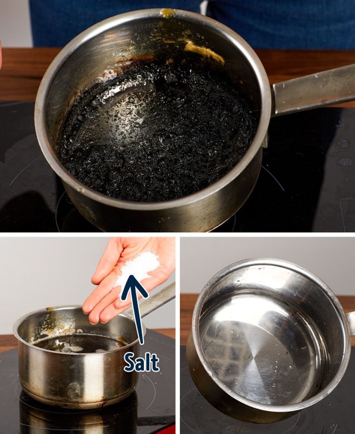 Une casserole brûlée peut être facilement nettoyée en y faisant bouillir de l'eau salée