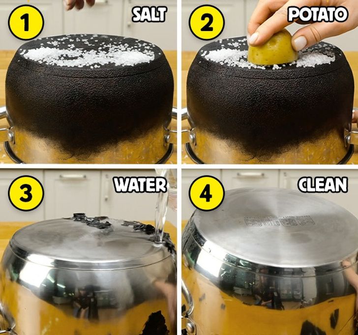 Nettoyez une casserole brûlée avec du sel et des pommes de terre