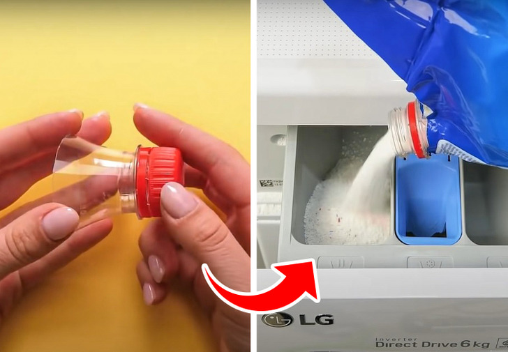 Ajustez le haut d'une bouteille en plastique au paquet de lessive en poudre