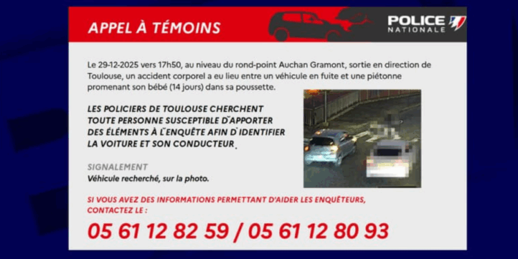 Une femme et son bébé percutés près de Toulouse, un appel à témoins lancé pour retrouver le véhicule en fuite 1 Une femme et son bébé percutés près de Toulouse, un appel à témoins lancé pour retrouver le véhicule en fuite Capture decran 2026 01 02 125709