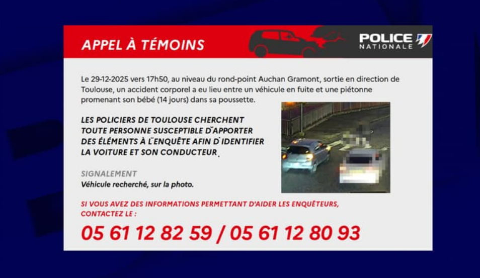 Une femme et son bébé percutés près de Toulouse, un appel à témoins lancé pour retrouver le véhicule en fuite