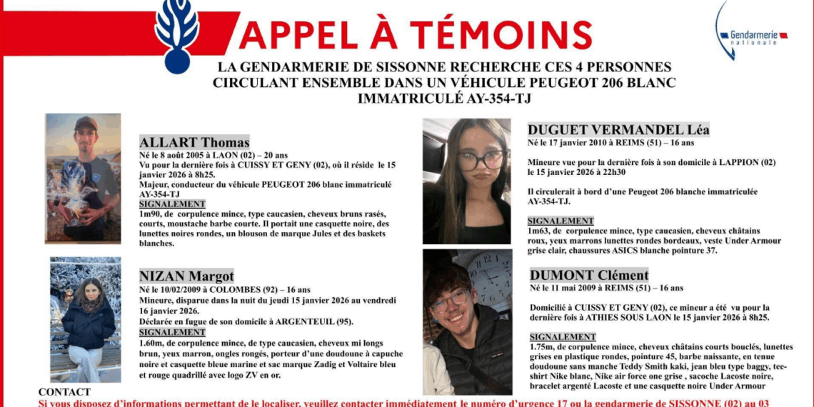 Disparition inquiétante dans l’Aisne : quatre jeunes, dont trois mineurs, recherchés après un appel à témoins de la gendarmerie