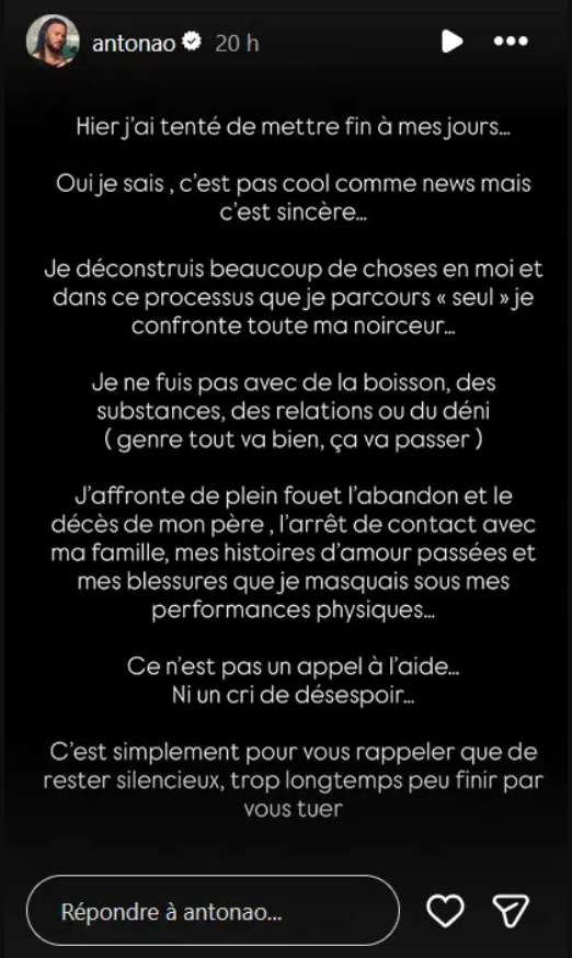 "Hier, j’ai tenté de mettre fin à …" : un ancien candidat de Koh-Lanta et des Anges fait une tentative de... 6 "Hier, j’ai tenté de mettre fin à …" : un ancien candidat de Koh-Lanta et des Anges fait une tentative de... Capture decran 2026 01 21 191108