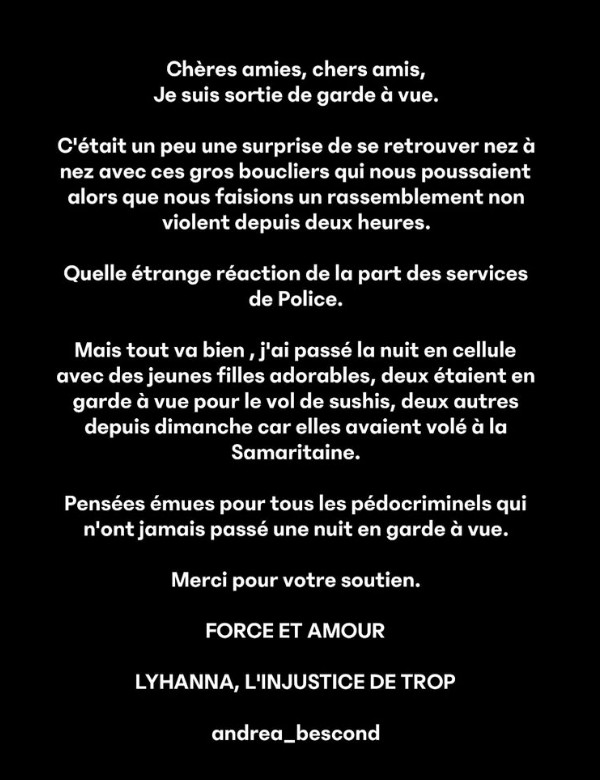 Affaire Lyhanna: la réalisatrice Andréa Bescond placée en garde à vue après la manifestation place Vendôme à Paris 4 Affaire Lyhanna: la réalisatrice Andréa Bescond placée en garde à vue après la manifestation place Vendôme à Paris la realisatrice Andrea Bescond placee en garde 1 Affaire Lyhanna
